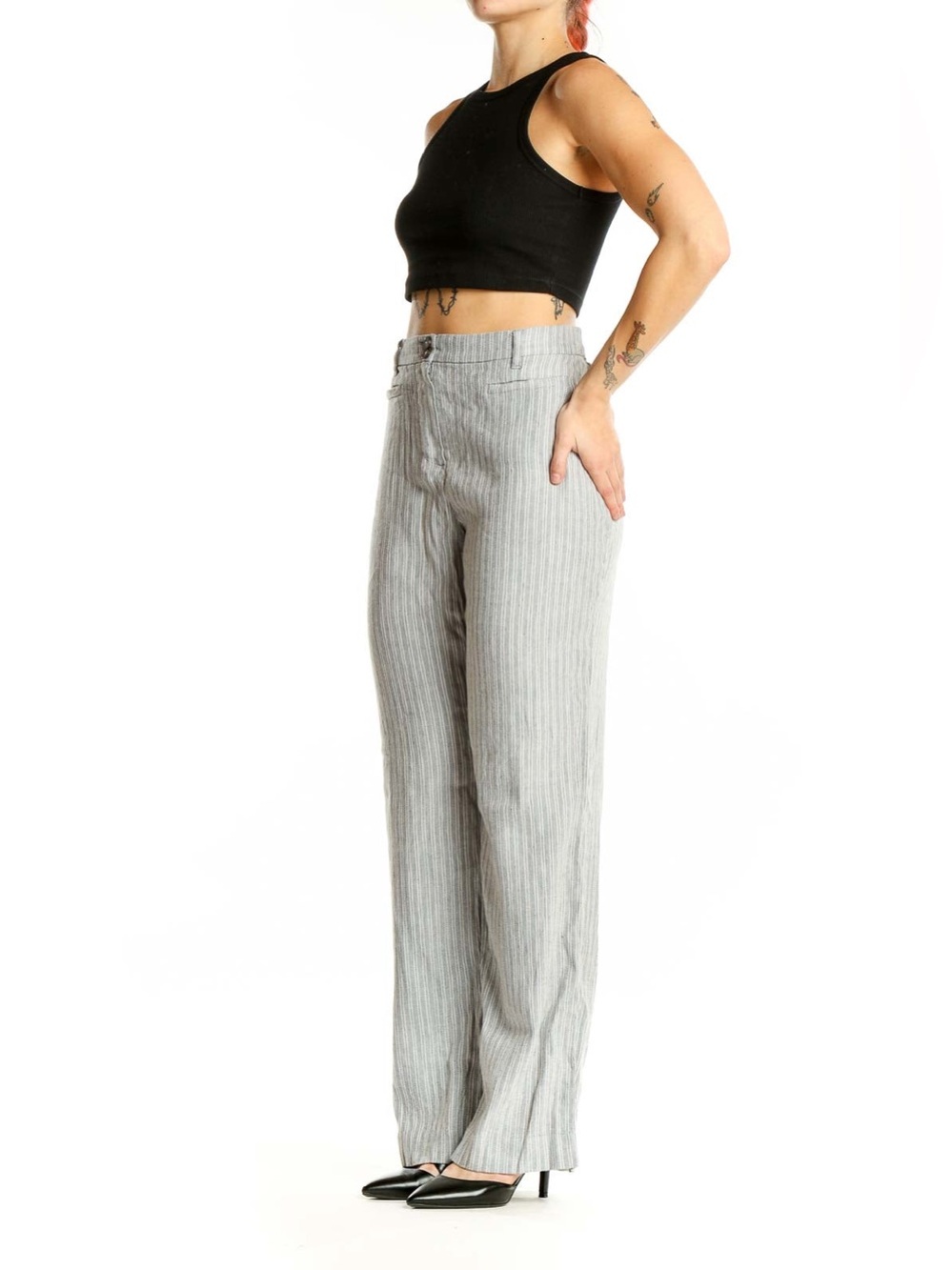NWT $89 J.Jill Linen Stretch Wide Leg Trousers Granite Stripe 10 Mid-Rise - Picture 2 of 16